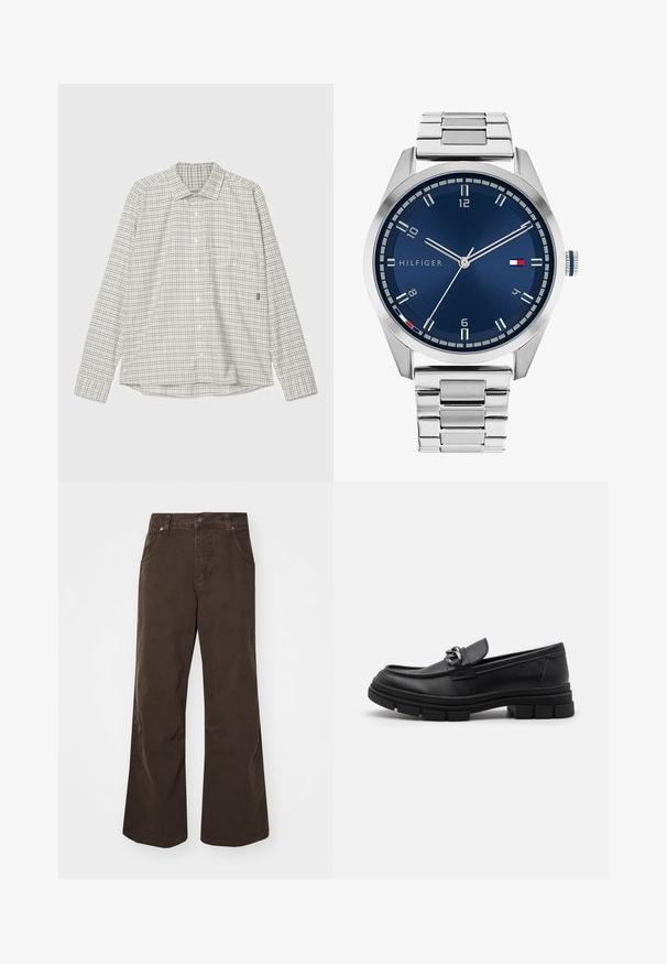 Pompeii Skjorte - beige/light brown; To skjorteløse treningstopper, en hvit og en svart, laget av elastisk stoff med runde halslinjer og synlige sømdetaljer.; Brune vidde bukser laget av bomull, med høy midje, frontlommer og en glatt tekstur. Avslutningen inkluderer subtile sømdetaljer.; Svart lær loafer med rund tå, dekorativ stropp og detaljer i metall, samt en kraftig teksturert såle. Glatt finish med subtile detaljer.; Sølv metallklokke med en børstet blå urskive, hvite timemarkører og datovisning. Har en koblet metallarmbånd og merkevarelogo.; Sølvkjede med tykke lenker og en sentral sirkelformet anheng med intrikate detaljer. Glatt, reflekterende metalloverflate.