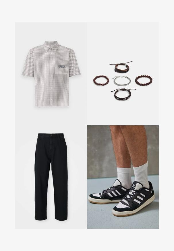 Īsām piedurknēm, ar apkakli, krekls pelēkā un baltā pārbaudītā rakstā. Tam ir krūšu kabata ar kontrastējošu grafisko dizainu.; Melni džinsi ar taisnas kājas griezumu. Iespējama klasiskā piecu kabatu dizains, pogu aizdare un smalka auduma tekstūra.; Melnas un baltas kedas ar zamša un ādas augšdaļu, kas aprīkotas ar trim baltām svītrām, perforētu purngali un gumijas zolēm.; Piecu aproču komplekts, kas sastāv no brūnas ādas, koka pērlītēm un sudraba ķēdes; dažādas tekstūras un formas, ar regulējamiem aizdariem.