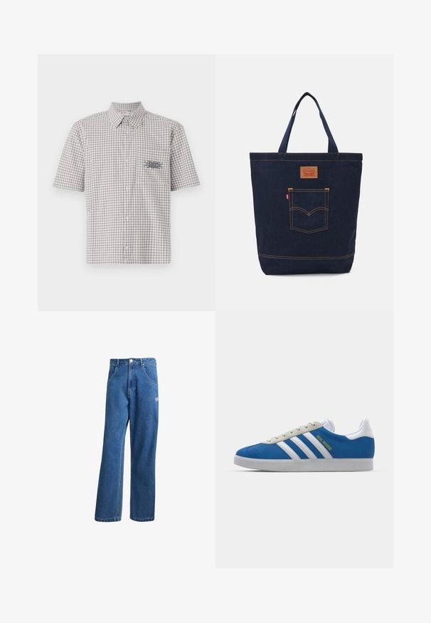 Short-sleeve, collared shirt in a gray and white check pattern. Features a breast pocket with a contrasting graphic design.; Blue high-waist wide-leg denim jeans with front pockets, belt loops, button closure, and small Adidas logo on the right thigh.; adidas Originals ADIDAS GAZELLE SHOES - Indoor football boots - real madrid/bluebird/footwear white/crew yellow; Denim tote bag in dark blue with two handles, visible stitching, and a front pocket featuring a classic logo patch.