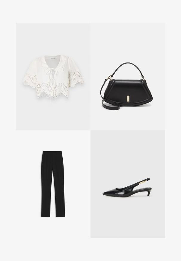 Vit kortärmad blus med scallop-kant, blommönstrade utskärningar och knytning vid halsen. Tillverkad av lättviktsmaterial.; Svarta skräddarsydda byxor med rak bendesign, som har framfickor och ett slätt, strukturerat tyg. Prydlig, minimal detaljer.; Svart läder slingback-hälar med spetsig tå, med en smal klack och en guldtonad detalj på den justerbara remmen. Slät textur.; Svart läderhandväska med en strukturerad design, som har en avskuren form, ett handtag upptill och guldiga detaljer. Justerbar axelrem ingår.