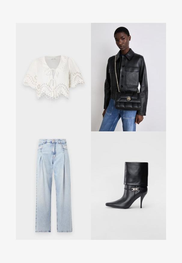 Valge lühikeste varrukatega lühike blouse, millel on laineline hem ja lillelised lõiked, ning kaela juures seotav sulgemine. Valmistatud kergest kangast.; Heledad sinise denimist valmistatud teksapüksid kõrge vöökohaga, laia jala lõikega, kahe külje taskuga ja pleedi disainiga. Pehme tekstuur ja pleekinud viimistlus.; Mustad nahast pahkluu saapad terava nina, kõrge stilettokanna, volditud äärega ja kuldse dekoratiivse pandlaga pahkluul.; Mustmust nahkjakks, millel on nööbiga sulgemine ja kaks esikot, koos musta tikandiga käekotiga, millel on kuldne klamber ja ahelrihm.