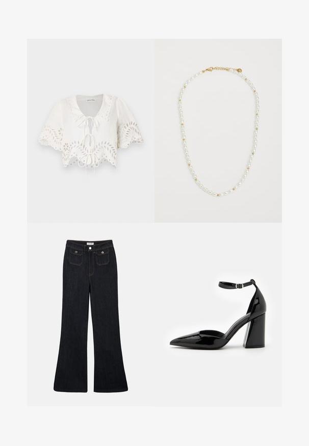 White cropped blouse with short sleeves, featuring a scalloped hem, floral cutouts, and a tie closure at the neckline. Made from lightweight fabric.; Flared dark denim jeans with a high waist, two front pockets, and orange stitching. The material appears sturdy and smooth.; Black patent leather high heel shoe with a pointed toe, ankle strap, and wide block heel for stability, featuring a smooth glossy texture.; Pearl necklace with alternating white oval pearls and small gold beads, featuring a gold clasp for fastening. Smooth texture overall.