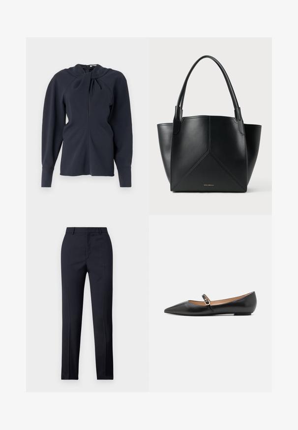 Jūras spēku garām piedurknēm blūze ar salocītu apkakli, priekšējo rāvējslēdzēju un strukturētām plecu daļām. Gluda auduma virsma ar minimālu faktūru.; Jūras spēku stila bikses ar taisnu griezumu, ar gludu tekstūru, divām priekšējām kabatām un tīru jostas vietu.; Melnas ādas baleta kurpes ar norādīto pirkstu un sānu siksniņu, kurai ir apaļš zelta akcents. Vieglas ar plakanu zoli.; Melnas ādas plecu soma ar ģeometrisku dizainu, kas aprīkota ar divām rokturiem un zeltainu zīmolu priekšpusē. Gluda tekstūra un strukturēta forma.