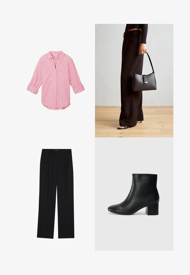 TOM TAILOR WITH SLUB STRUCTURE - Camicia - carmine pink; Pantaloni neri con un design a gamba dritta, dotati di due tasche frontali e di una vita. Realizzati in un tessuto morbido e leggero.; Stivali neri in pelle fino alla caviglia con punta appuntita e tacco spesso. Texture liscia con minimi dettagli e un design elegante e aderente.; Borsa nera con forma strutturata, texture liscia e una chiusura metallica. Abbinata a pantaloni neri larghi e sandali open-toe su un pavimento in legno.