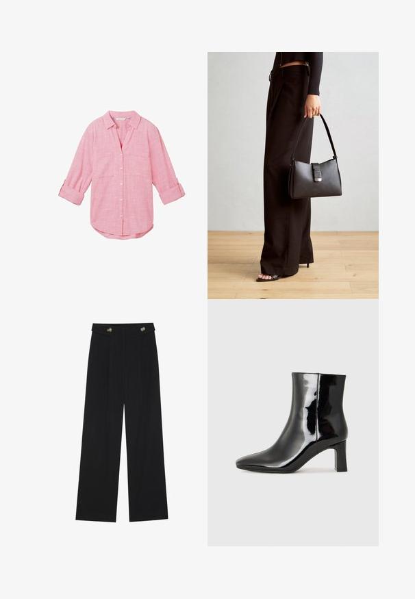 TOM TAILOR WITH SLUB STRUCTURE - Camicia - carmine pink; Pantaloni neri a gamba larga con vita alta, dettagli con bottoni in vita e pieghe frontali.; Stivaletto in pelle verniciata nera con punta a punta e tacco a blocco di altezza media. Texture liscia e design minimalista.; Borsa nera con forma strutturata, texture liscia e una chiusura metallica. Abbinata a pantaloni neri larghi e sandali open-toe su un pavimento in legno.