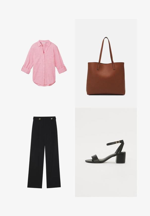 TOM TAILOR WITH SLUB STRUCTURE - Bluza z gumbi - carmine pink; Črne široke hlače s visokim pasom, gumbnimi detajli na pasu in sprednjimi gubami.; Črne sandale na peto z gladkim usnjenim zgornjim delom, odprtim nosom, širokimi sprednjimi trakovi in nastavljivim gležnjenčkom z zlatim zaponko.; Rjava usnjena torba z gladko teksturo, odprto zasnovo zgoraj in dvema naramnima trakovoma. Opremljena je z minimalnim šivanjem in brez vidnih kovinskih delov.