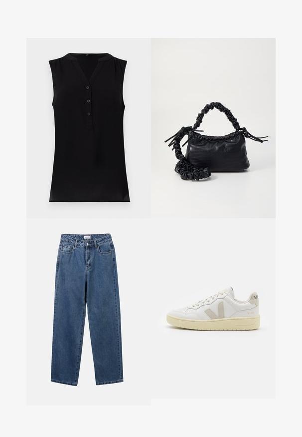 Melns bezpiedurkņu tops ar V veida izgriezumu, pogu priekšpusi un smalkām krokām plecu rajonā. Izgatavots no mīkstas, vieglas auduma ar gludu tekstūru.; Klasiskie zili džinsi ar taisnu kāju dizainu, pieciem kabatām un pogu aizdari. Iezīmējas ar vidēju mazgāšanu un izturīgu tekstūru.; Baltas ādas sporta apavu pāris ar bēšiem zamša akcentiem, caurumiņu purngalā, plakanu šņorēšanu un teksturētu krēmkrāsas zoli. Iezīmējas ar diskrētu zīmolu uz papēža.; Melnā mākslīgās ādas rokassoma ar krokodila rakstu, savilkta augšdaļa un saburzīta siksna. Izskatās mīksta un kompakta pēc dizaina.