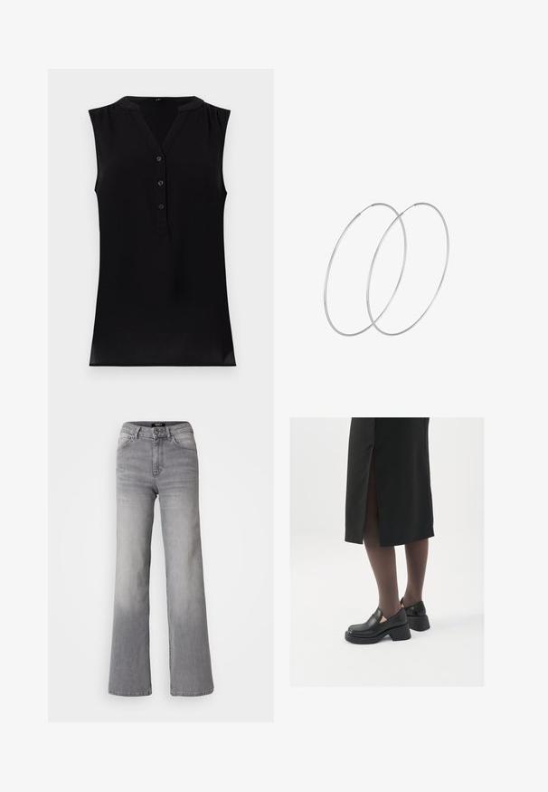Top senza maniche nero con scollo a V, chiusura con bottoni e pieghe sottili sulle spalle. Realizzato in un tessuto morbido e leggero con una texture liscia.; Jeans in denim grigiop con vita alta e gamba dritta, con bottone e cerniera frontali, tasche anteriori e posteriori, e sfumature sbiadite su cosce e polpacci.; Scarpe in pelle nera con punta arrotondata, tacco spesso a blocco e accenti laterali in elastico, abbinate a collant scuri e una gonna nera con uno spacco.; Orecchini a cerchio in argento con un design minimalista. Forma circolare, superficie liscia e profilo sottile. Leggeri con una finitura lucida.