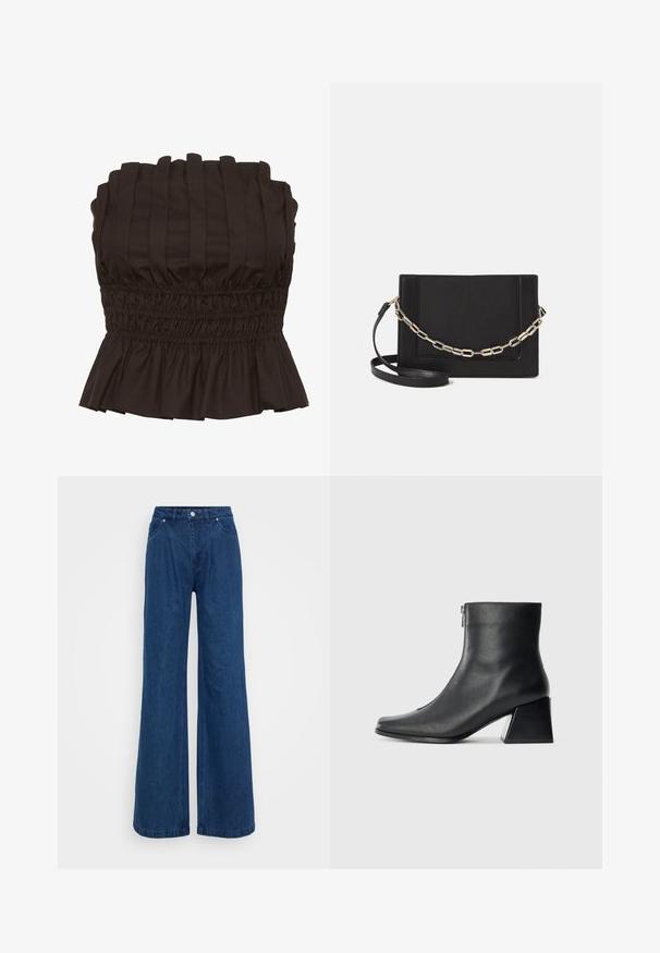 Gestuz PAULINE - Topper - dark brown; Bredde ben jeans i blå denim med høy midje, frontlås med knapp og glidelås, samt front- og baklommer mot en ensfarget bakgrunn.; Sorte skinnankelsko med firkantet tå, glidelås på siden og blokkhæl mot en vanlig lys bakgrunn.; Svart lær crossbody-veske med glatt tekstur, rektangulær form og metallkjede detaljer på framsiden. Justerbar stroppe inkludert.