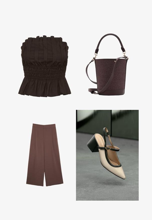Gestuz PAULINE - Top - dark brown; Rjave široke hlače z gladko teksturo, ki imajo visok pas in sprednje naborke. Tkanina je lahka in prosto pada.; Bežna slingback čevlja z uskim sprednjim delom, črnimi detajli, zlatim zaponko in debelim blokovskim peto na sivi tleh s temno zeleno ozadje.; Rjava pletena torba v obliki vedra z gladkim usnjenim dnom, zgornjim ročajem in nastavljivim ramenskim pasom. Ponaša se z zlatimi kovinskimi detajli.