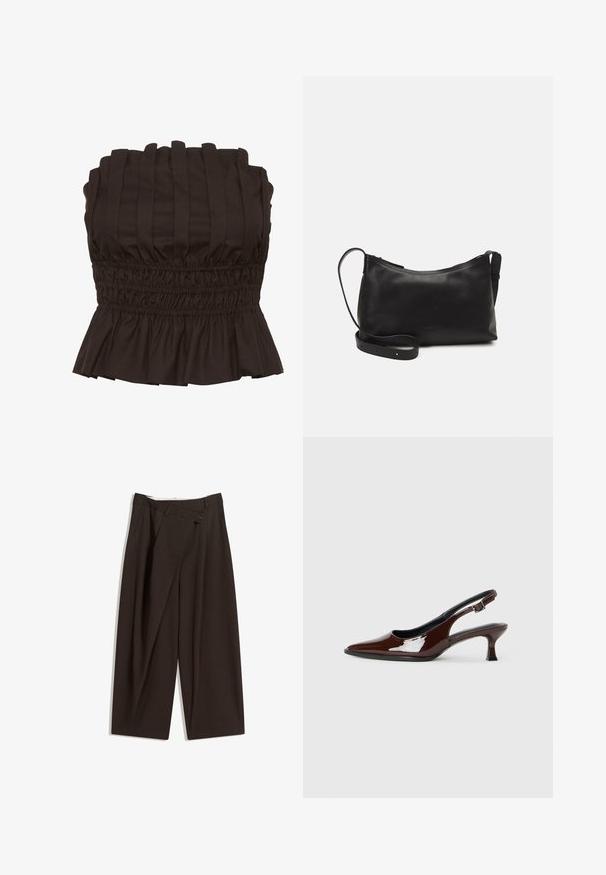 Gestuz PAULINE ciemnobrązowy; Ciemnobrązowe szerokie spodnie o wysokim stanie, z pojedynczym zapięciem na guzik i plisowanym przodem. Wykonane z lekkiego materiału.; Brązowe lakierowane skórzane buty na obcasie typu slingback z ostrym noskiem i umiarkowanym obcasem. Posiadają pasek z klamrą dla zapewnienia stabilnego dopasowania. Gładka tekstura.; Czarna skórzana torba na ramię o gładkiej fakturze, zakrzywionym kształcie, regulowanym pasku i zapięciu na zamek. Minimalistyczny design bez zdobień.
