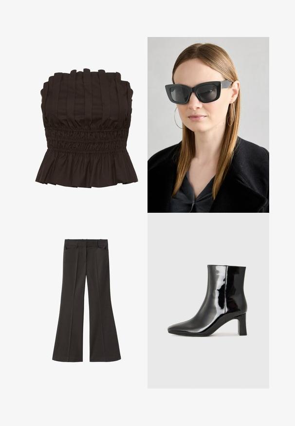 Gestuz PAULINE - Top - dark brown; Černé rozšířené kalhoty s vysokým pasem; mají dvě přední kapsy a hladkou texturu látky. Vhodné pro různé příležitosti.; Černé lakované kotníkové boty s špičatou špičkou a středně vysokým blokovým podpatkem. Hladká textura a minimalistický design.; Černé sluneční brýle ve stylu kočičího oka s tmavými skly, silnými rámy a jemnými detaily. Nosené s černým kabátem a šedým topem, s dlouhými rovnými vlasy.