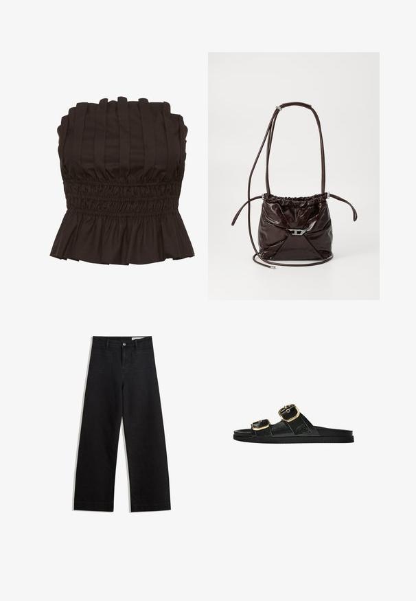 Gestuz PAULINE - Top - dark brown; Čierne denimové nohavice s širokými nohavicami a vysokým pásom, so prednými a zadnými vreckami, šitými švami a zapínaním na gombík. Hladká textúra.; Čierne šľapky s dvoma zlatými prackami, hladký textúrovaný materiál, plochá podrážka a minimalistický dizajn.; Tmavo hnedá lesklá kožená kabelka na rameno s naťahovacím vrchom a tenkým nastaviteľným popruhom, ktorá má na prednej strane malý strieborný uzáver.