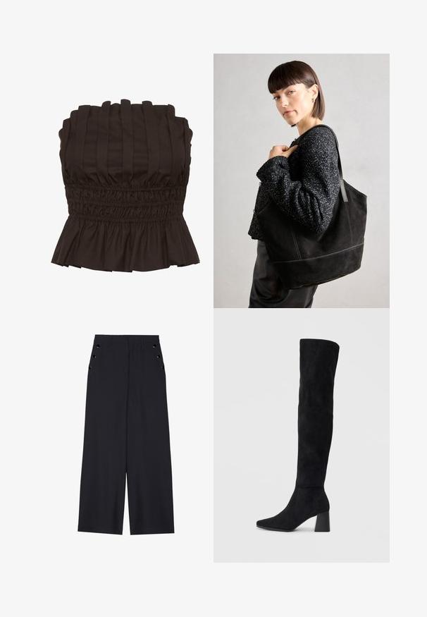 Gestuz PAULINE - Top - dark brown; Bredde bukser i mørkeblå stof med en glat tekstur, frontplisseringer og dekorative guldfarvede øjenlåg ved sidelommerne.; Sorte ruskind støvler i knæhøjde med blokheel, spids tå og glat, sømløs design på en enkel lys baggrund.; Sort ruskinds tote taske med en glat tekstur, struktureret form og kontrasterende syninger. Har lange stropper til skulderbæring.; Sæt af guldfarvede øreringe med forskellige designs, herunder studs, hoops og hængende modeller med perler og rhinsten.
