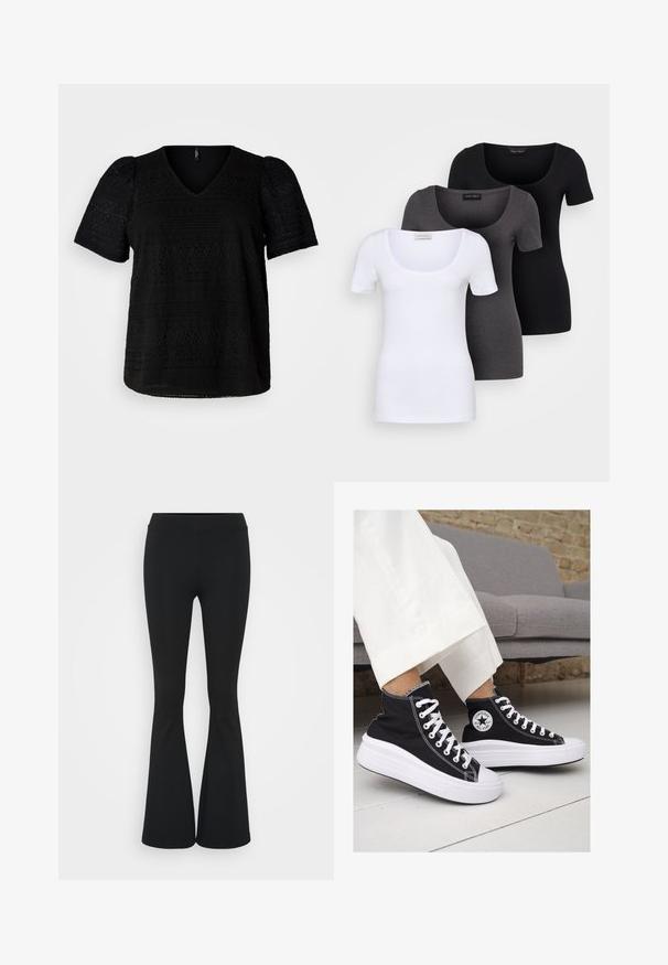 Black short-sleeve top with a V-neckline, featuring textured patterns and a slightly loose fit, crafted from lightweight fabric.; Three fitted T-shirts in white, gray, and black. Each features a wide scoop neckline and short sleeves. Made from smooth, stretchy fabric.; Black flared pants made of stretchy fabric, featuring a high waistband and a smooth texture. The pants flare out from the knee.; Black canvas high-top sneakers with white rubber soles and laces. Features a circular logo on the side and contrasting white stitching.