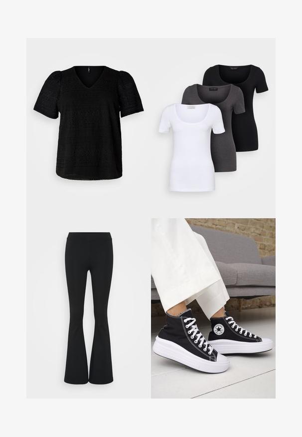 Black short-sleeve top with a V-neckline, featuring textured patterns and a slightly loose fit, crafted from lightweight fabric.; Three fitted T-shirts in white, gray, and black. Each features a wide scoop neckline and short sleeves. Made from smooth, stretchy fabric.; Black flared pants made of stretchy fabric, featuring a high waistband and a smooth texture. The pants flare out from the knee.; Black high-top sneakers with white rubber soles and laces. Features a round logo patch and contrasting white stitching. Canvas material.