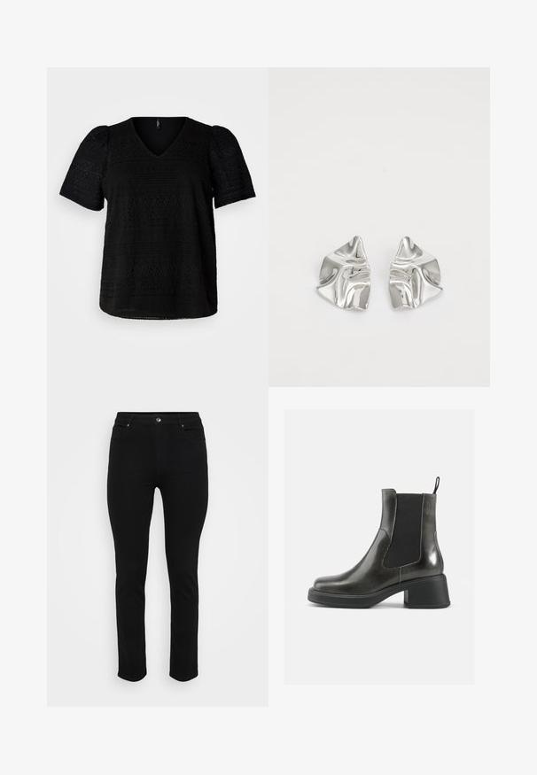 Black short-sleeve top with a V-neckline, featuring textured patterns and a slightly loose fit, crafted from lightweight fabric.; Black denim jeans with a slim fit, five-pocket design, front button closure, and slight stretch for comfort. Flat, smooth texture with minimal detailing.; Black leather ankle boots with a smooth finish, elastic side panels, and a chunky heel. Features a pull tab for easier wear.; Silver metal earrings with a wavy, sculptural design featuring a polished finish and irregular shapes, highlighting a contemporary aesthetic.
