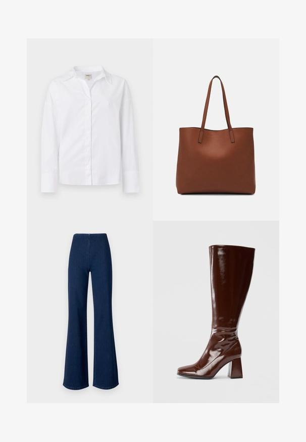 Fehér, hosszú ujjú ing, szőtt pamutból készült. Galléros nyakkivágással, gombos elejével és laza, kicsit oversized ujjakkal rendelkezik.; Sötétkék, trapéz szabású farmernadrág, rugalmas derékkal. Simás textúrával és széles lábszárral rendelkezik, amely a szegélyig terjed.; Térd fölötti barna lakkbőr csizmák, négyzet alakú orral, fényes felülettel és stabilitást biztosító vastag sarkal. Sehol sem látható hardver nélküli zökkenőmentes dizájn.; Barna bőr vászontáska sima textúrával, nyitott tetejű dizájnnal és két vállpánttal. Minimális varrással és látható hardver nélkül készült.