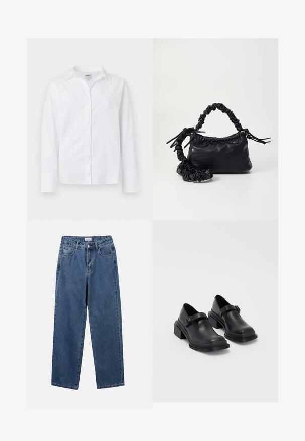 Camisa blanca de manga larga hecha de algodón tejido. Presenta un cuello con solapa, cierre de botones y un corte relajado con mangas ligeramente oversized.; Jeans de mezclilla azul clásico con un diseño de pierna recta, cinco bolsillos y cierre de botón. Presenta un lavado medio y una textura resistente.; Zapatos de cuero negros con punta redondeada, suela plana y una correa con detalle de hebilla. Tacón cuadrado grueso para mayor estabilidad.; Bolso de mano de imitación cuero negro con textura de cocodrilo, parte superior fruncida y correa arrugada. Presenta un diseño suave y compacto.