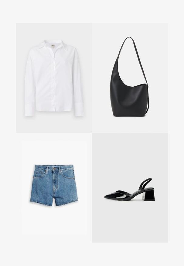 Camisa branca de mangas longas feita de algodão tecido. Possui um colarinho, abertura frontal com botões e um corte descontraído com mangas ligeiramente largas.; Bermudas de ganga em azul claro, com cinco bolsos, fecho de correr e fecho de botão. A bainha está desfiada com um design de corte descontraído.; Sandy em verniz preto com salto slingback, ponta afilada e salto geométrico. Apresenta um design elegante e minimalista com textura suave.; Saco hobo preto em pele com uma textura lisa, forma curva e uma única alça ajustável; apresenta uma abertura larga na parte de cima.