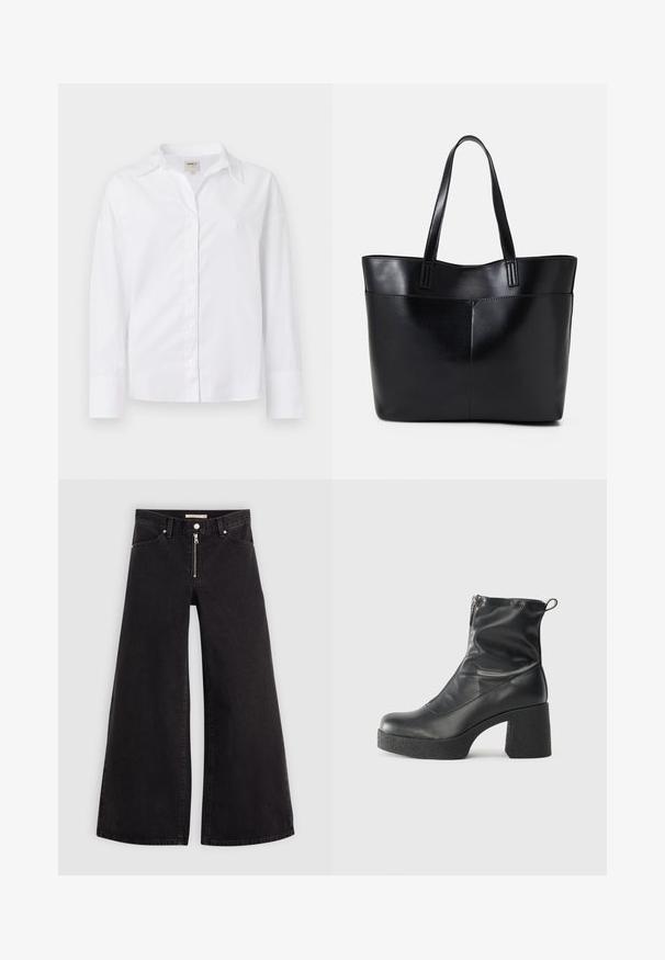 Biała koszula z długim rękawem wykonana z wplecionego bawełnianego materiału. Ma kołnierzyk, zapięcie na guziki z przodu oraz luźny krój z nieco oversizowymi rękawami.; Jeans o szerokich nogawkach w czarnym denienie z zamkiem błyskawicznym z przodu, pięcioma kieszeniami i subtelnymi detalami przeszycia. Gładka tekstura i swobodny styl.; Czarne botki za kostkę wykonane z gładkiej skóry, wyposażone w boczny zamek błyskawiczny, masywny teksturowany obcas oraz zaokrąglony czubek.; Czarna skórzana torba na ramię z dwoma długimi uchwytami, gładką teksturą i sztywną formą. Posiada przednią kieszeń dla dodatkowego przechowywania.