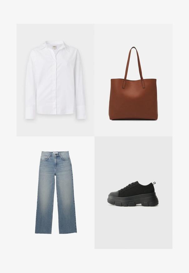 Vit långärmad skjorta i vävt bomull. Har en krage, knappstängning fram och en avslappnad passform med något överdimensionerade ärmar.; Ljusblå vida jeans i denim, med hög midja, framfickor och knäppning. Slät textur med blekta områden.; Svarta sneakers med en kraftig gummisula, texturerad tygöverdel, rund tå och snörning. Har förstärkta öglor och dragflik bak.; Brun läder tote-väska med en slät textur, öppen toppdesign och två axelremmar. Har minimal söm och ingen synlig metalldetalj.