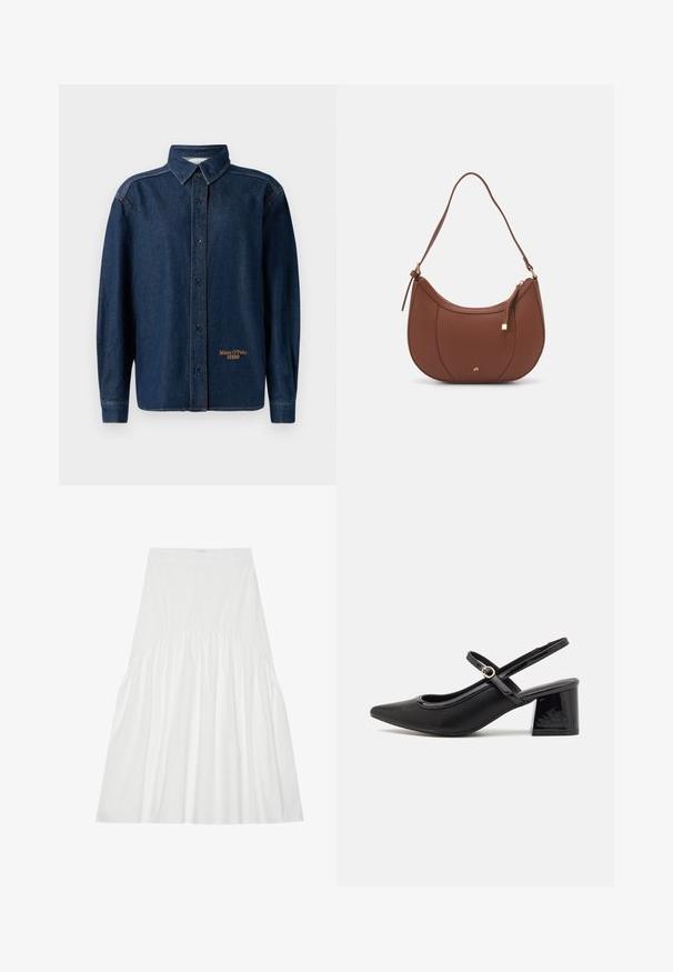 Mørkeblå denim skjorte med lange ærmer og knaplukning, krave, synlige søm og lille "Marc O'Polo DENIM" logo broderet nær kanten.; Hvid, knælang nederdel lavet af bomuld. Har rynkedetaljer i taljen, glat tekstur og en simpel, klassisk A-formet silhuet.; Sorte patentlæder slingback hæle med spids tå, rund udskæring og blokhæl. Har en guldtonet spændeaccents.; Brun faux læder skuldertaske med buet form, minimal syning og en guldtonet hardwaredetalje. Har en top lynlåslukning og justerbar rem.