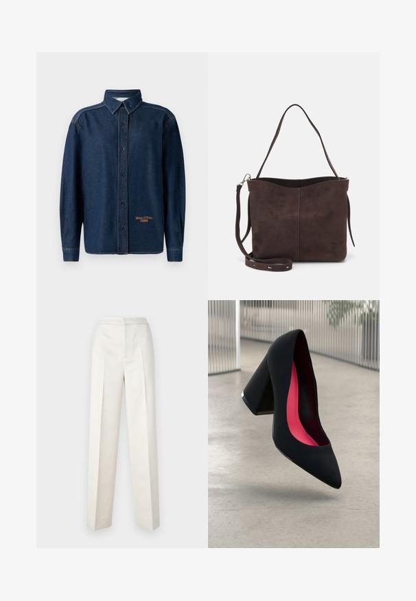 Maglietta a maniche lunghe in denim blu scuro con colletto, cuciture a vista e piccolo logo ricamato "Marc O'Polo DENIM" vicino all'orlo.; Due top in cotone, uno bianco e uno nero. Ognuno ha un profondo scollo e spalline sottili, con una texture liscia e morbida.; Pantaloni color crema con vestibilità sartoriale, dotati di gamba dritta, tessuto liscio, pince frontali e orlo pulito. Design minimalista.; Scarpa con tacco alto nera, con punta affusolata, superficie testurizzata e un vivace interno rosa. Presenta un tacco spesso con un accento argentato.; Borsa a spalla in suede marrone con una texture morbida, caratterizzata da una singola tracolla e un'apertura superiore leggermente curvata. Nessun dettaglio hardware visibile.