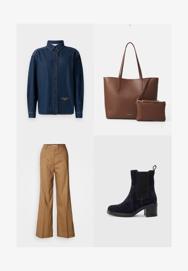 Maglietta a maniche lunghe in denim blu scuro con colletto, cuciture a vista e piccolo logo ricamato "Marc O'Polo DENIM" vicino all'orlo.; Pantaloni larghi marroni realizzati in tessuto leggero. Caratterizzati da un davanti piatto, passanti per la cintura e una silhouette sartoriale con taglio alla caviglia.; Stivaletti alla caviglia in camoscio blu navy con pannello elastico laterale, punta tonda e tacco a blocco. Il tessuto testurizzato e la suola liscia aggiungono contrasto.; Borsa a tote in finta pelle marrone con due manici lunghi e una piccola pochette coordinata. La superficie presenta un motivo testurizzato e dettagli in metallo dorato.