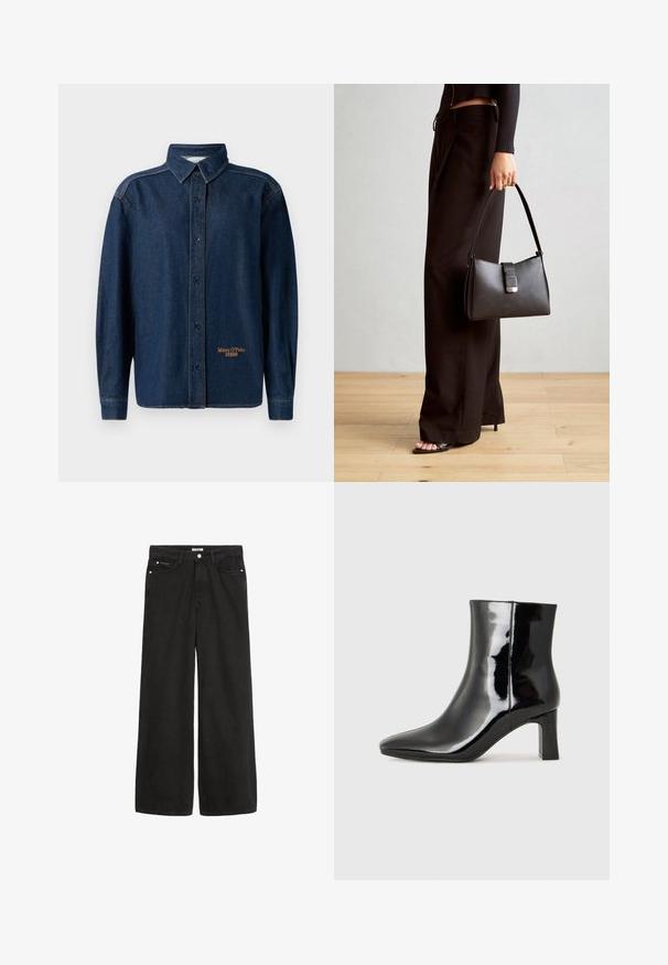 Donkerblauwe denim overhemd met lange mouwen, knoopsluiting en kraag, zichtbare stiksels en klein geborduurd "Marc O'Polo DENIM" logo dichtbij de zoom.; Zwarte denim jeans met wijde pijpen en een hoge taille. Bevat vijf zakken, metalen beslag en een nette afwerking. De textuur is glad en zacht.; Zwarte gepolijste leren enkellaars met een spitse neus en een blokhak van gemiddelde hoogte. Glad textuur en minimalistisch ontwerp.; Zwarte handtas met gestructureerde vorm, gladde textuur en een metalen sluiting. Gecombineerd met brede zwarte broeken en sandalen met open teen op een houten vloer.