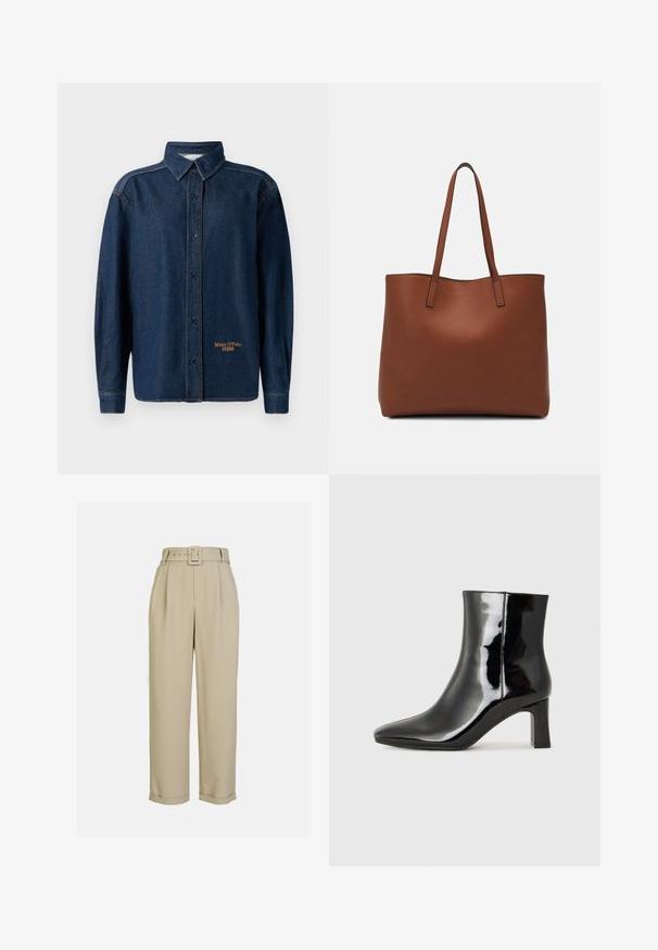 Tamno plavi traper dugouhičasti košulja s dugim rukavima i kragnom, vidljivim šavovima i malim izvezenim logotipom "Marc O'Polo DENIM" blizu rubova.; Bež hlače visokog struka s širokim nogavicama, s naborima, odgovarajućim remenom s pravokutnom kopčom i manžetama.; Crne lakirane kožne gležnjače s šiljastim prstom i srednje visokom blok petom. Glatka tekstura i minimalistički dizajn.; Smeđa kožna torba preko ramena s glatkom teksturom, otvorenim vrhom i dvjema naramenicama. Ima minimalne šavove i nema vidljivog hardvera.
