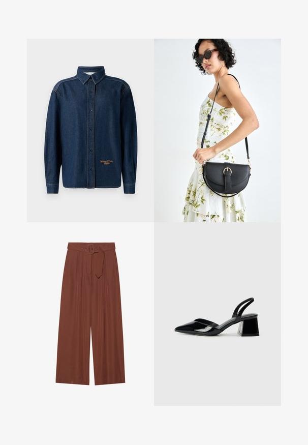 Camisa de botão de algodão azul escuro com mangas longas e colarinho, com costura visível e pequeno logótipo "Marc O'Polo DENIM" bordado perto da bainha.; Calças de perna larga em tecido castanho, com um cinto de fivela quadrada, design pregueado e textura suave.; Sandy em verniz preto com salto slingback, ponta afilada e salto geométrico. Apresenta um design elegante e minimalista com textura suave.; Bolsa de couro preta com forma curva, alça destacável e detalhes em dourado. A bolsa possui uma aba com detalhe de fivela.