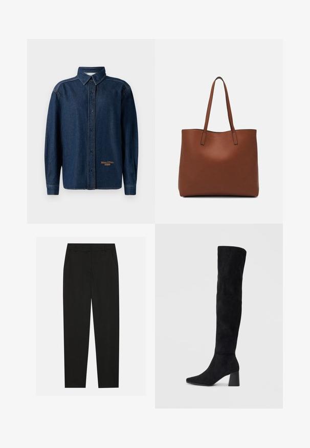 Maglietta a maniche lunghe in denim blu scuro con colletto, cuciture a vista e piccolo logo ricamato "Marc O'Polo DENIM" vicino all'orlo.; Pantaloni neri dal design sartoriale, con tasche laterali e gamba dritta. Realizzati in tessuto liscio e leggero con una finitura elegante.; Stivale in suede nero alto fino al ginocchio con tacco a blocco, punta affusolata e design liscio e senza cuciture su uno sfondo chiaro e semplice.; Borsa tote in pelle marrone con texture liscia, design con apertura superiore e due spallacci. Presenta cuciture minime e nessun hardware visibile.