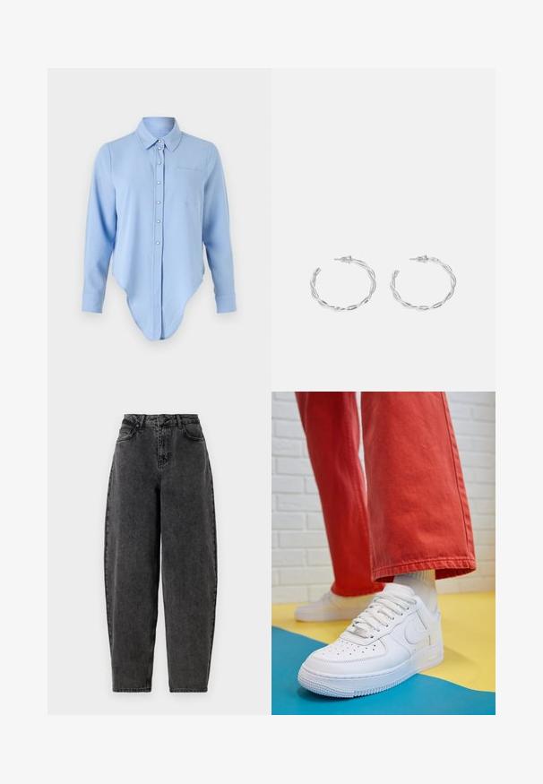 Camicia a maniche lunghe azzurro chiaro con orlo arrotondato, chiusura con bottoni, colletto e taschino sul lato sinistro del petto. Tessuto morbido con leggera lucentezza.; Jeans in denim nero a vita alta con vestibilità rilassata, caratterizzati da un classico design a cinque tasche e chiusura con bottone. Tessuto testurizzato e non elastico.; Sneaker bianco in pelle con punta perforata, suola testurizzata e lacci bianchi, abbinati a pantaloni rossi larghi e uno sfondo blu e giallo.; Orecchini a cerchio in argento con un design torciglionato, caratterizzati da una finitura lucida e chiusura a perno. Misurano circa 3 cm di diametro.