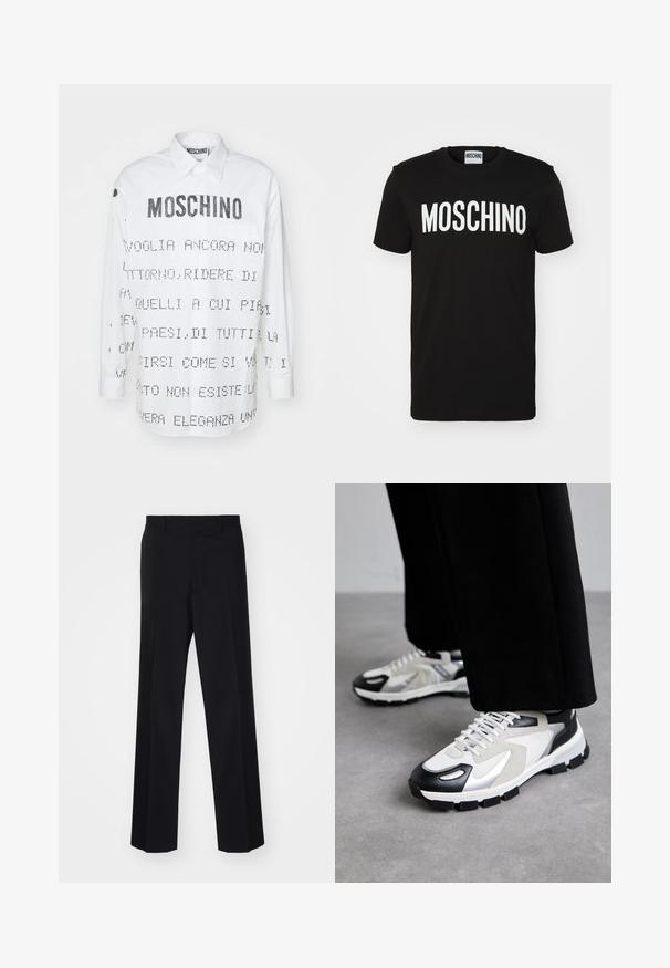 Cămașă albă cu mâneci lungi și guler ascuțit, cu text și grafica imprimată în negru pe față și spate. Închidere cu nasturi.; Tricou negru din bumbac, cu text alb îndrăzneț "MOSCHINO" pe față; gât tip crew și mâneci scurte. Design simplu, croială clasică.; Pantaloni negri, croiți pe baza unei linii elegante, cu un design cu picioare largi, având o textură netedă și pliuri bine definite, fabricați dintr-un material țesut.; MOSCHINO UOMO - Sneakers low - bianco/nero/argento