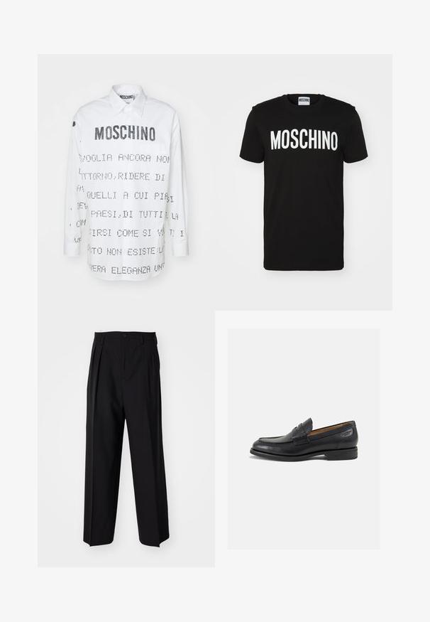 Cămașă albă cu mâneci lungi și guler ascuțit, cu text și grafica imprimată în negru pe față și spate. Închidere cu nasturi.; Tricou negru din bumbac, cu text alb îndrăzneț "MOSCHINO" pe față; gât tip crew și mâneci scurte. Design simplu, croială clasică.; Pantaloni negri plisat cu un design drept și pantaloni largi. Construiți dintr-un material neted, prevăzuți cu închidere cu nasture și bucle pentru curea.; Mocasini din piele neagră cu o finisare netedă, vârf rotund și cusături decorative pe partea superioară. Toc mic și stivuit, cu o ușoară strălucire.