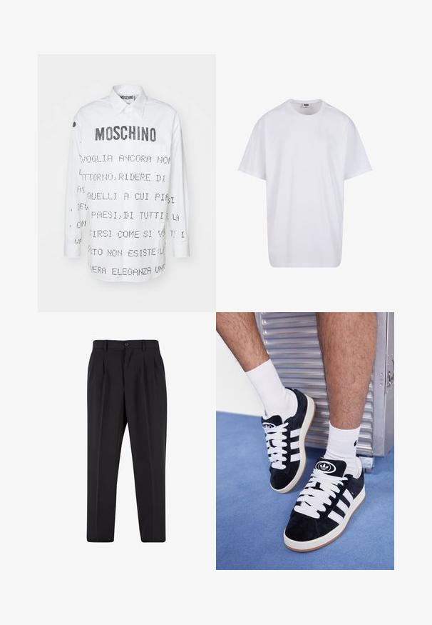 Balta ilgomis rankovėmis marškiniai su smailiu apykakle, su juodu tekstu ir grafikomis spausdintomis priekyje ir gale. Mygtukų užsegimas.; Balta medvilninė marškinėlių užsagėlė su trumpomis rankovėmis, apvaliu kaklu, laisva forma ir be matomų logotipų ar raštų. Lygi tekstūra ir minimalus dizainas.; Juodi kelnių su raukšlėtu priekiu dizainu, pagaminti iš lygaus audinio. Su mygtuko užsegimu ir diržo kilpomis; tiesios kojų formos.; Juodos zomšos sportbačiai su baltais raišteliais ir trimis baltais dryžiais. Ant liežuvėlio yra apvalus juodas logotipas, o pado medžiaga – guminė.