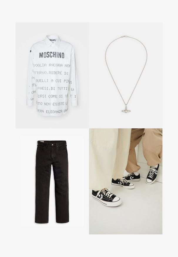 White long-sleeve shirt with a pointed collar, featuring black text and graphic designs printed on the front and back. Button-down closure.; Black and white long-sleeve T-shirt with a round neck. Black body and sleeves, white lower sleeves. Made from soft, smooth fabric.; Black straight-leg denim jeans with five pockets, button closure, and belt loops, laid flat on a white background.; Black canvas sneakers with white rubber soles, featuring white star accents and black shoelaces, paired with light beige and cream pants.; Silver chain necklace with an oval pendant, featuring a textured design and small sparkling accents throughout the pendant.