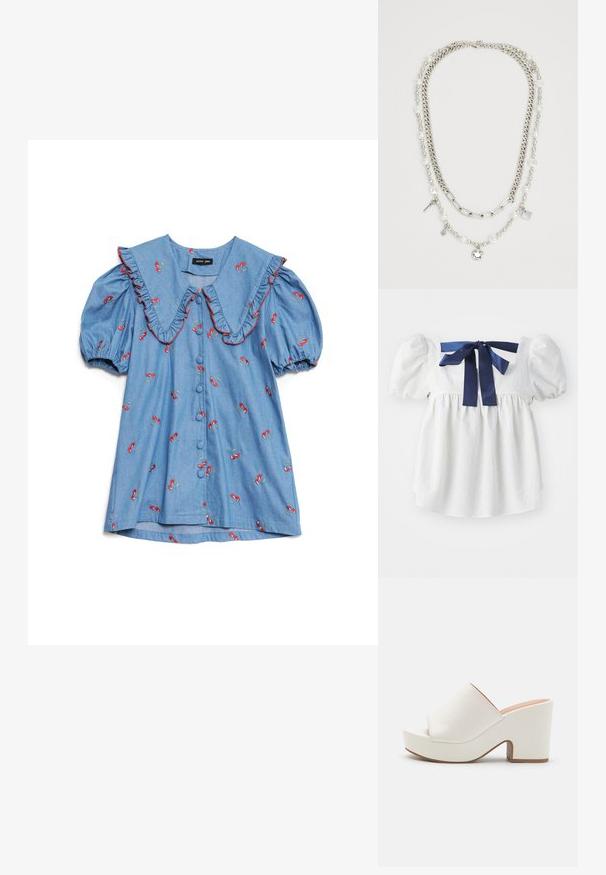 White blouse with puff sleeves, delicate textured fabric, square neckline, and a dark blue satin ribbon tied at the back.; Light blue denim shirt with puffed sleeves, oversized ruffled collar, red cherry embroidery, and six buttons down the front.; White platform mules with a smooth finish, open toe design, and a chunky heel. Features a subtle upper seam and a contrasting sole.; Multi-layered necklace featuring silver chains and pearl beads with charms, including keys and a square pendant. Smooth texture with shiny finish.