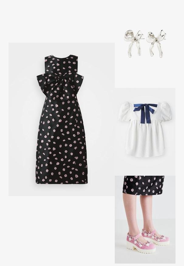 Weiße Bluse mit Puffärmeln, zart strukturiertem Stoff, quadratischem Ausschnitt und einem dunkelblauen Satinband, das im Rücken gebunden ist.; Schwarzes Kleid mit pinkem Blumenmuster, ärmelloses Design und großem Schleifen-Detail am Rücken. Glatte Textur mit figurbetonender Silhouette.; Rosa Samt-Mary-Jane-Schuhe mit weißen Plateausohlen, verziert mit floralen Applikationen und Spitzendetails am Öffnungsrand und Riemen um den Knöchel.; Silberne bogenförmige Ohrringe mit einer polierten Oberfläche. Zu den Merkmalen gehören eine strukturierte Oberfläche und ein geschwungenes Design, mit einem Steckverschluss.