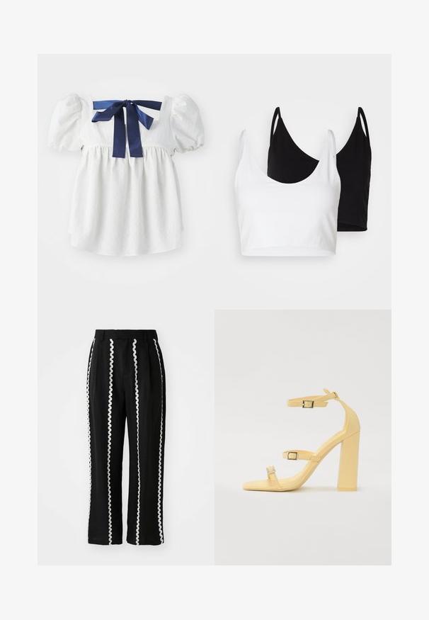 Blusa bianca con maniche a sbuffo, tessuto delicato e texture, scollatura quadrata e un nastro di seta blu scuro legato sul retro.; Due top in cotone, uno bianco e uno nero. Ognuno ha un profondo scollo e spalline sottili, con una texture liscia e morbida.; Pantaloni larghi neri con bordi bianchi ondulati a contrasto lungo le cuciture verticali. Presentano una vita piatta e una vestibilità ampia.; Sandali gialli con tacco blocco, dotati di tre cinturini regolabili, design a punta quadrata, materiale sintetico liscio e fibbie in tonalità argento.