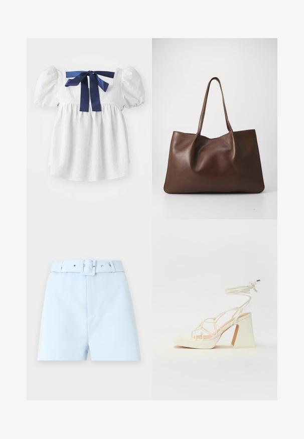 Hvit bluse med puffede ermer, delikat teksturert stoff, firkantet halslinje, og et mørkeblått satengbånd knyttet bak.; Lyseblå shorts med belte i midjen, har firkantet spenne og metallhardware. Glatt stoff, skreddersydd snitt og plisserte detaljer foran.; Hvit høyhælte sandal med kraftig hæl, med en stroppe-design og ankelbånd. Glatt tekstur med plattform foran for ekstra høyde.; Brun lærveske med et mykt, slapt design. Har to lange håndtak og en glatt tekstur uten synlig maskinvare eller mønstre.