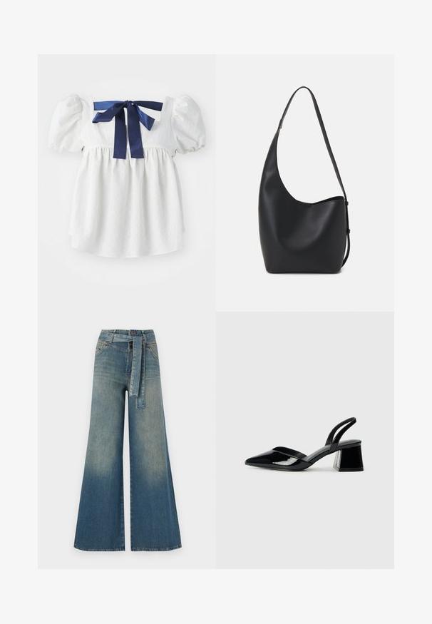 Hvid bluse med puffærmer, delikat tekstureret stof, firkantet halsudskæring og et mørkeblåt satinbånd bundet bagpå.; Bredbens-denimbukser med en lys til mørk blå gradient, høj talje, bælteløkker og et matchende stofbælte. Tekstureret denimfinish.; Sorte patentlæder slingback hæle med spids tå og en geometrisk blok hæl. Har et elegant, minimalistisk design og en glat tekstur.; Sort læder hobo taske med en glat overflade, buet form og en enkelt justerbar rem; har en bred åbning øverst.