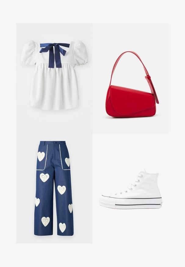 White blouse with puff sleeves, delicate textured fabric, square neckline, and a dark blue satin ribbon tied at the back.; Sister Jane HEART TO HEART - Straight leg jeans - blue denim; White high-top canvas sneaker with black rubber sole, front rubber toe cap, and six eyelets for laces, featuring a clean, minimalist design.; Red leather handbag with an angular, geometric design. Features a single adjustable strap and a flap closure with stitched detailing.