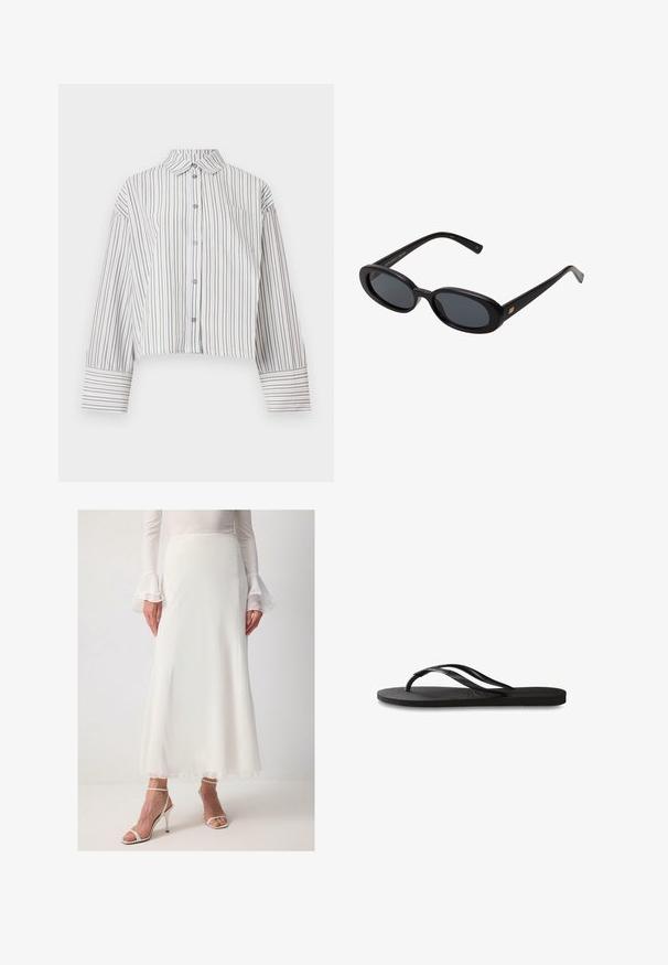 Krótkie długości rękawów, bluzka z pionowymi brązowo-białymi paskami, z zapięciem na guziki z przodu, kołnierzykiem i kieszonką na piersi.; Biała, zwiewna spódnica maxi z lekkiego materiału o gładkiej strukturze; ma delikatny brzeg i jest zestawiona z subtelnymi, białymi sandałami na obcasie.; Czarne klapki z teksturowaną gumową podeszwą, dwiema smukłymi paskami oraz subtelnym, wytłoczonym logo na pasku.; Czarne, oversize okulary przeciwsłoneczne z owalnymi soczewkami, gładkim plastikowym mostkiem i złotymi akcentami na zausznikach. Ciemne soczewki zapewniają ochronę przed słońcem.; Granatowa skórzana torba na ramię z odczepianym paskiem, srebrnymi zapięciami i subtelnym pionowym detalem z logo na środkowej części przodu.