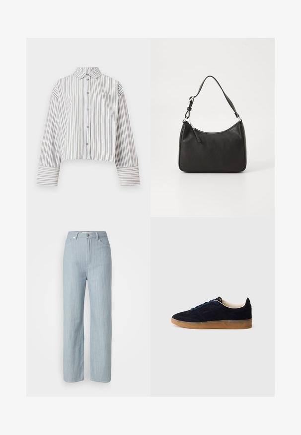 Camisa cropped de mangas longas com riscas verticais castanhas e brancas, botão na frente, colarinho e bolso no peito.; Calças de ganga azul-claro de perna reta. Apresentam cinco bolsos, fecho com botão metálico e um leve efeito de desgaste para adicionar textura.; Tênis de camurça azul-marinho com sola de borracha cor de goma, atacadores azuis e design minimalista. Apresenta logótipo em relevo na lateral e forro interior liso.; Mala de mão em couro preto com formato curvo, uma alça, fecho em zip e uma marcação discreta na frente. Textura suave, design minimalista.
