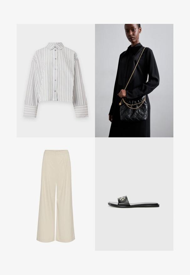 Kratka majica z dolgimi rokavi v rjavih in belih navpičnih črtah, z gumbi spredaj, ovratnikom in žepom na prsih.; Široke hlače iz svetlo bež tkanine, z gubami, visokim pasom in gladko strukturo brez vidnih okraskov.; Črne ravne sandale z odprto peto, izdelane iz sintetičnega materiala, z širokima naramnicama in kovinskim logotipom ter gladko, sijajno obdelavo.; Črna prešita usnjena torbica z nabranim vrhom, zlatim verižnim naramnikom in pravokotno obliko, držana na enolični podlagi.
