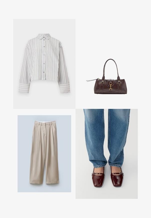 Maglietta cropped a maniche lunghe a righe verticali marroni e bianche, con chiusura a bottoni, colletto e taschino sul petto.; Pantaloni beige a gamba larga con finitura texture, dotati di due tasche laterali, pieghe frontali e una cintura per una vestibilità sicura.; Scarpe in pelle verniciata bordeaux con punta quadrata e cinturino alla caviglia, abbinate a jeans loose-fit di colore blu chiaro. Le scarpe hanno una finitura lucida.; Borsetta in pelle marrone scuro con due manici superiori, dettagli in metallo dorato, chiusura frontale e texture cucite sui lati.