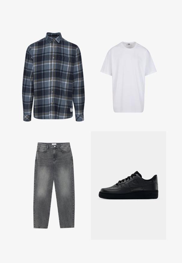 Flanellskjorte i marineblå, blå og grå rutemønster. Har knappestolpe foran, lange ermer og to brystlommer. Myk tekstur og avslappet passform.; Hvit bomull t-skjorte med korte ermer, rund utringning, avslappet passform, og ingen synlige logoer eller mønstre. Glatt tekstur og minimalistisk design.; Høyt liv, løstsittende jeans i falmet svart denim. Har fem lommer, beltehemper og et rent, rett ben-design.; Svart Nike Air Force 1-sneaker med en glatt skinnoverdel, perforert tå for pusteevne, svarte snørebånd og en teksturert gummisåle.