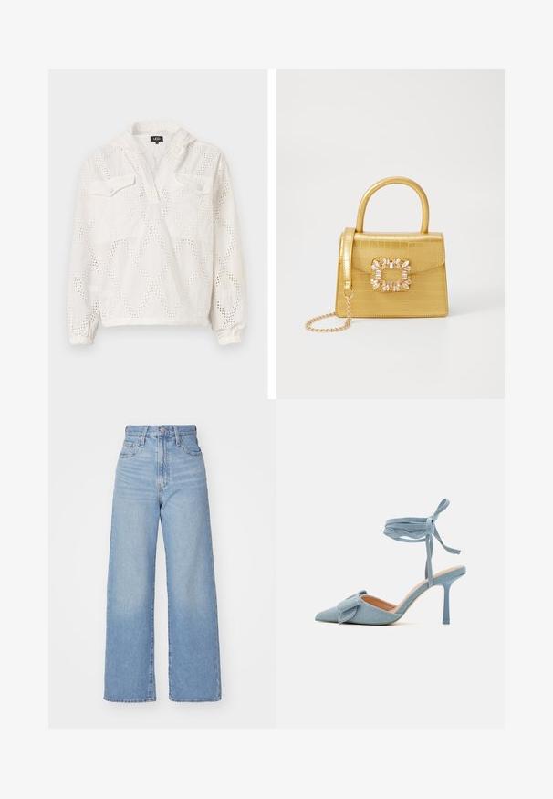 Hvit genser med diamantformede utskjæringer, to frontlommer og elastiske mansjetter. Stoffet ser lett og pustende ut.; Lys blå høytlivs vide jeans med knapp- og glidelås lukking foran, foran og bak lommer, på en hvit bakgrunn.; Pekepusted hæl sko i lyseblå stof med en tekstureret finish, med en sløjfeaccent og ankelrem for en sikker pasform.; Gul faux-krokodille veske med en strukturert design, toppen håndtak, avtagbar kjede stropp, og dekorativ krystallbortsettelse på låsen.